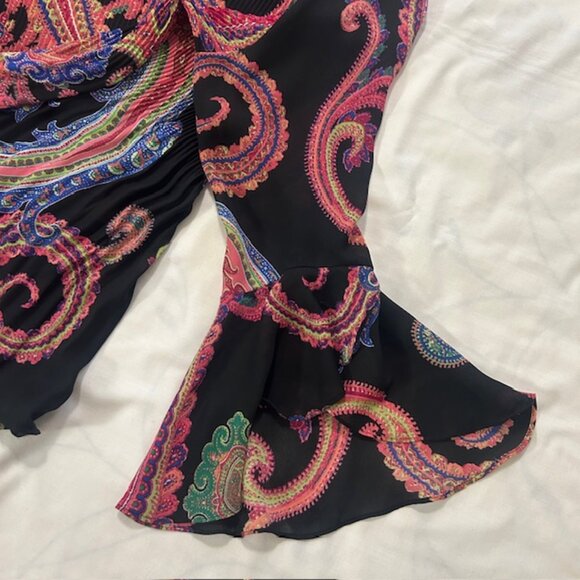 Ladies Blouse Large Black Multicolor Flared Sleeves Accordion Pleats read - Picture 4 of 8